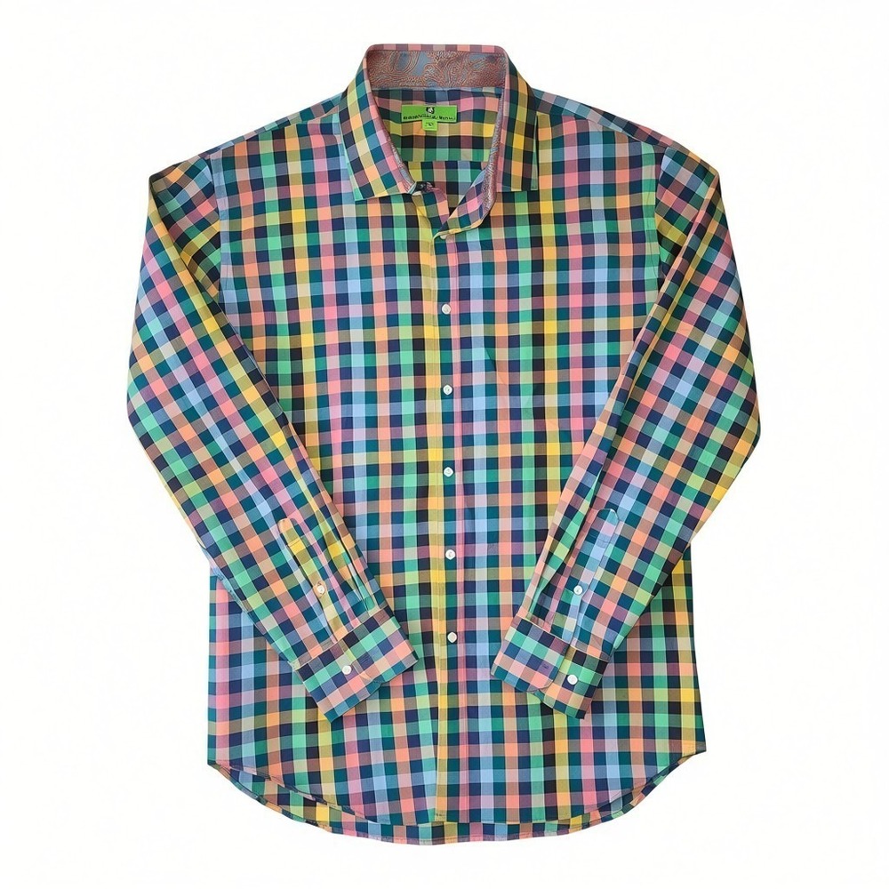 Bristol‎ & Bull Shirt Mens Size 2XL Colorful Rainbow Pastel Checks Button Front